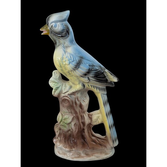 Vintage Porcelain Blue Jay Bird Figurine Japan Stump 10" Tall Leaves Singing - Picture 5 of 12